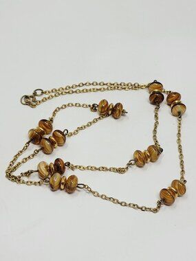 Vintage Gold Tone Chain Banded Glass Beads Long Station Style Necklace